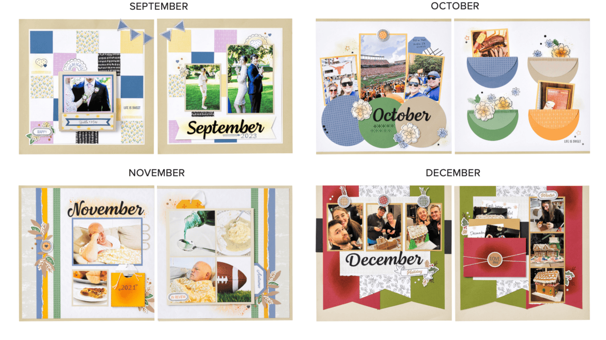 A large image that includes 4 2 page scrapbook layouts for the months of September to December.